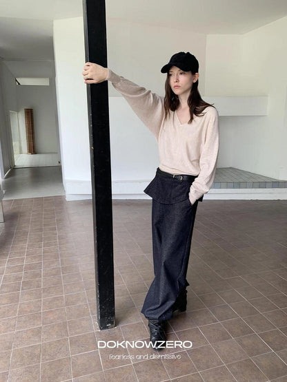 DKZ OFFICIAL Ruffle Waist Curved Hem Jeans