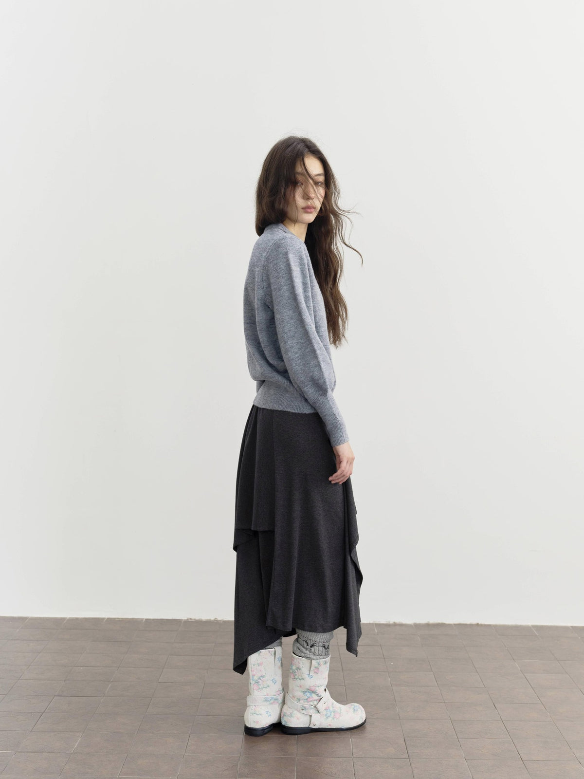 DKZ OFFICIAL Ruffled Asymmetric Patchwork Modal Wool Women&