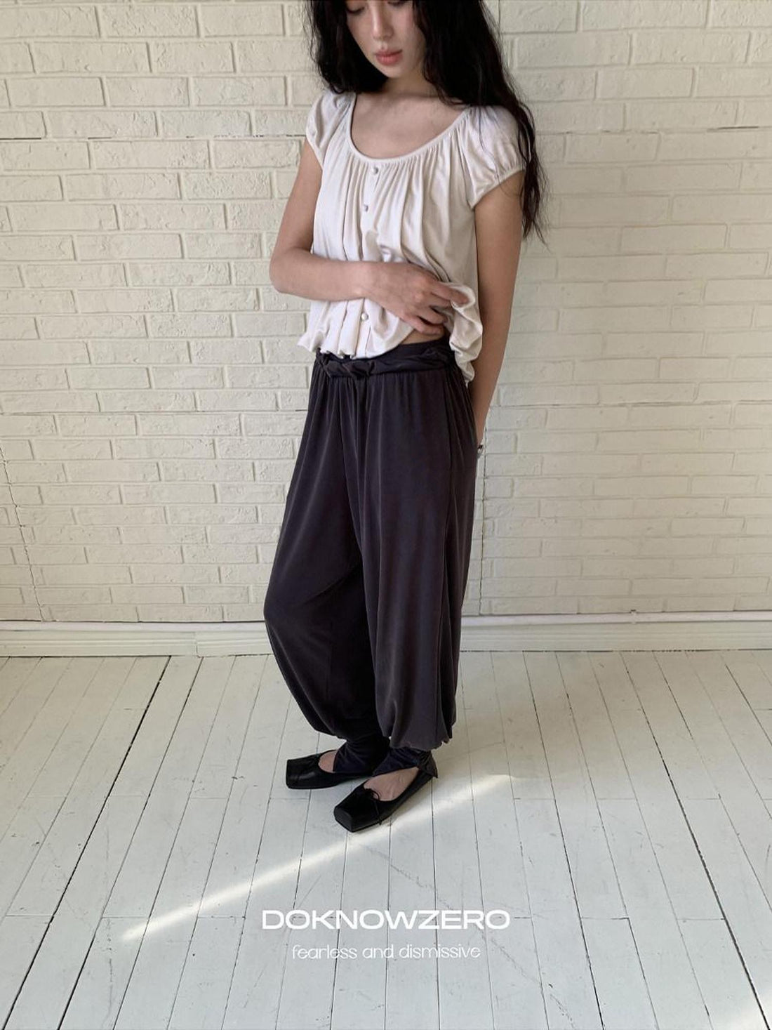 DKZ OFFICIAL Sandwashed Lace Trim Knit Tapered Women&