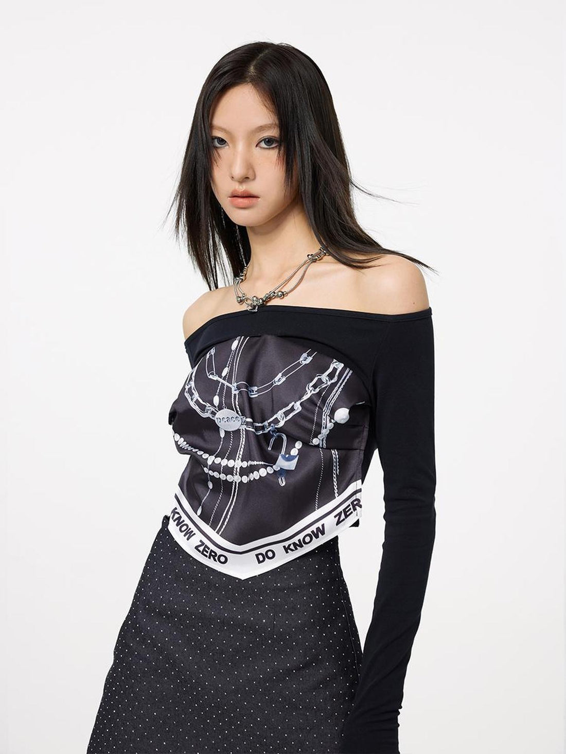 DKZ OFFICIAL Scarf Splice Faux Two Piece Off Shoulder Women&