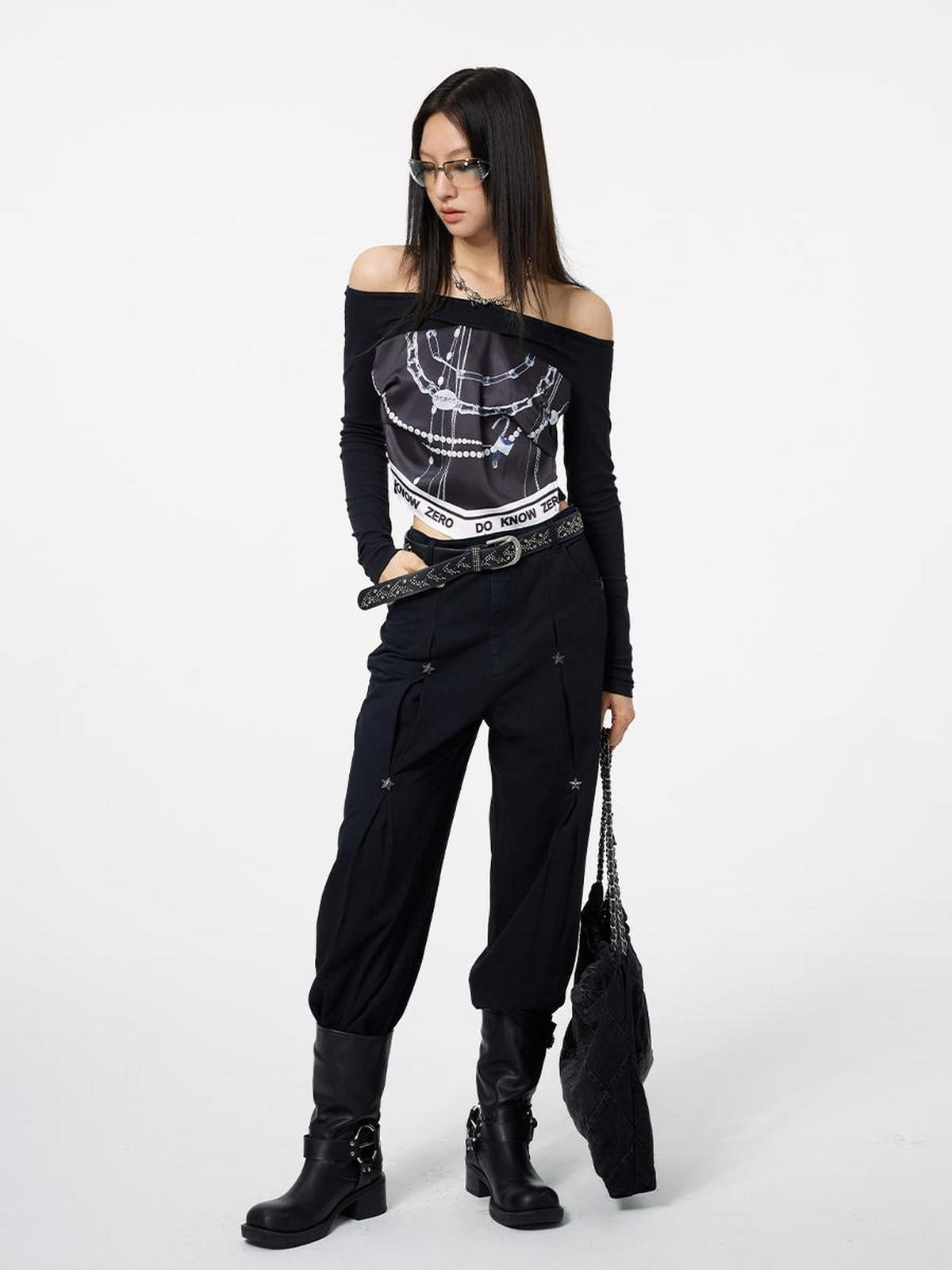 DKZ OFFICIAL Scarf Splice Faux Two Piece Off Shoulder Women&