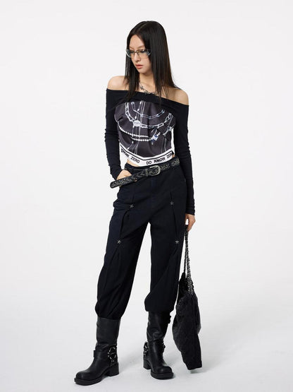 DKZ OFFICIAL Scarf Splice Faux Two Piece Off Shoulder Women&