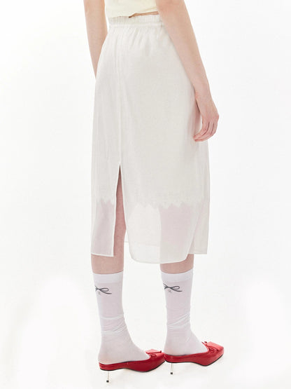 DKZ OFFICIAL Sheer Lace Straight Skirt In White