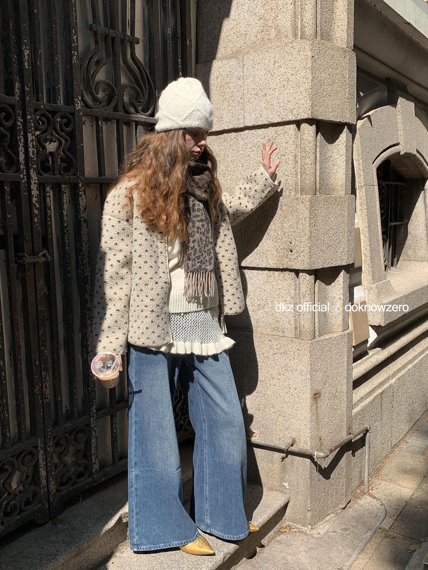 DKZ OFFICIAL Sherpa Stand Collar Heart Print Double Zipper Women&