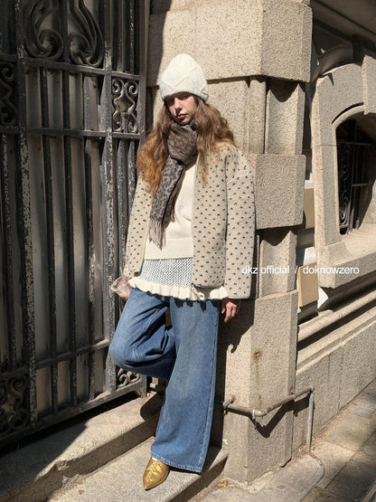 DKZ OFFICIAL Sherpa Stand Collar Heart Print Double Zipper Women&