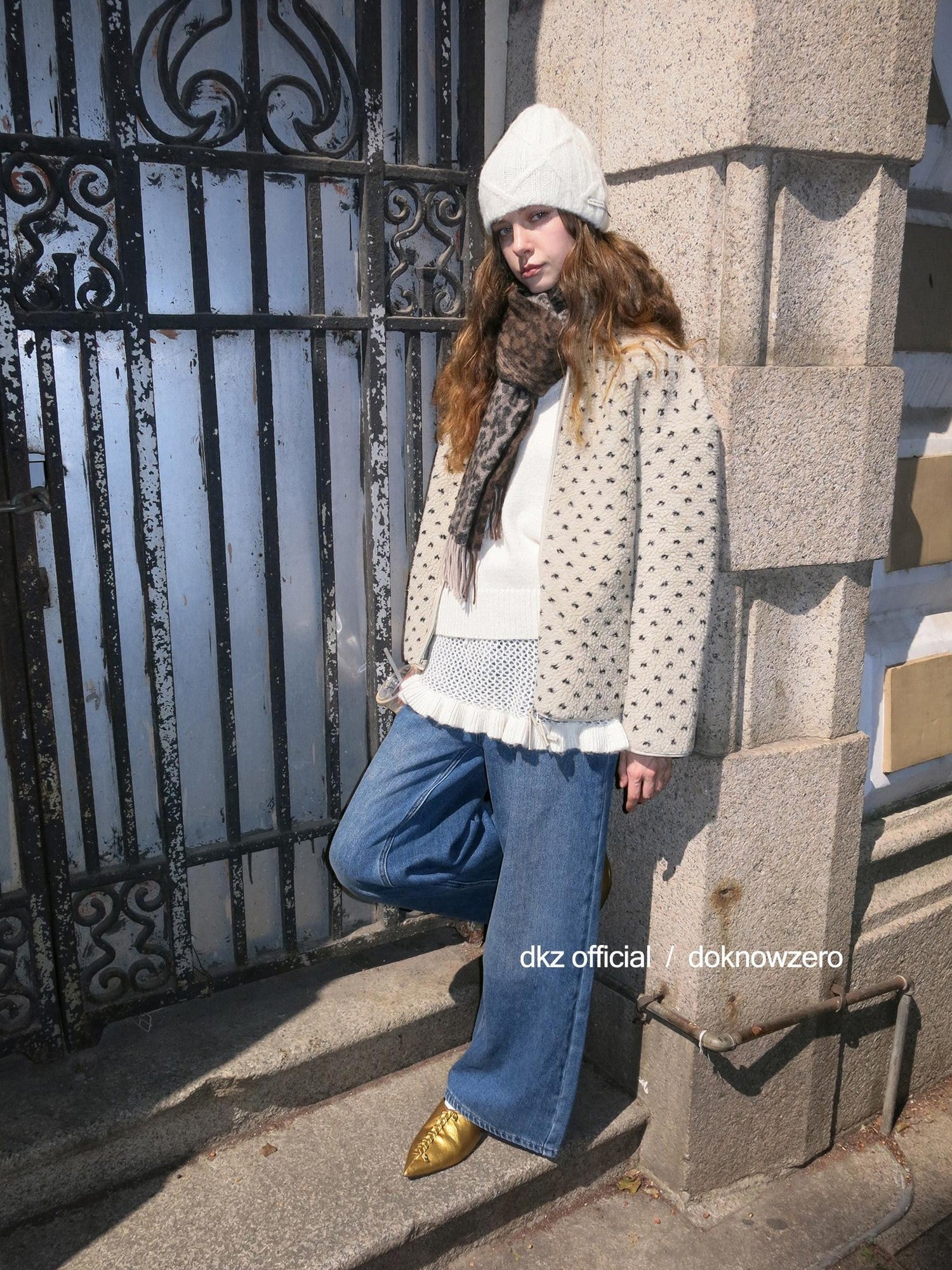 DKZ OFFICIAL Sherpa Stand Collar Heart Print Double Zipper Women&