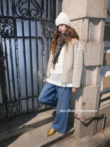 DKZ OFFICIAL Sherpa Stand Collar Heart Print Double Zipper Women&