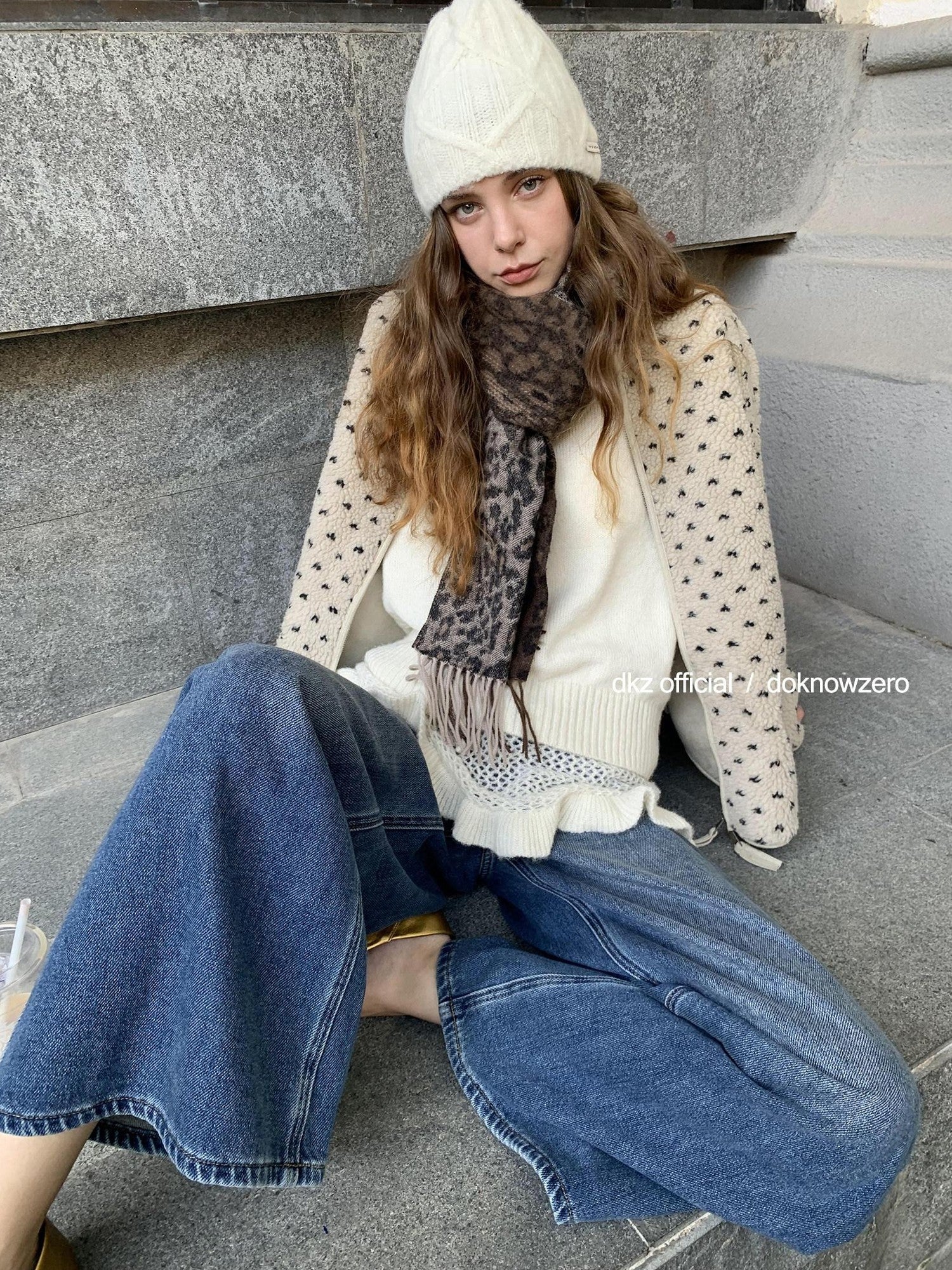DKZ OFFICIAL Sherpa Stand Collar Heart Print Double Zipper Women&