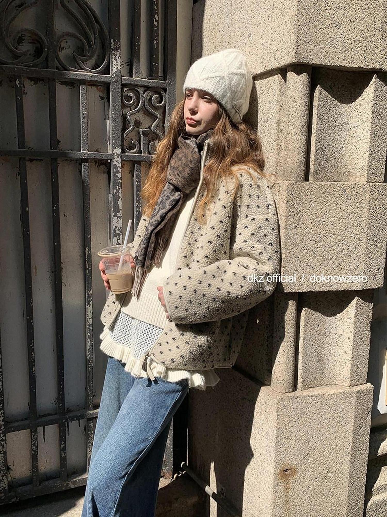 DKZ OFFICIAL Sherpa Stand Collar Heart Print Double Zipper Women&