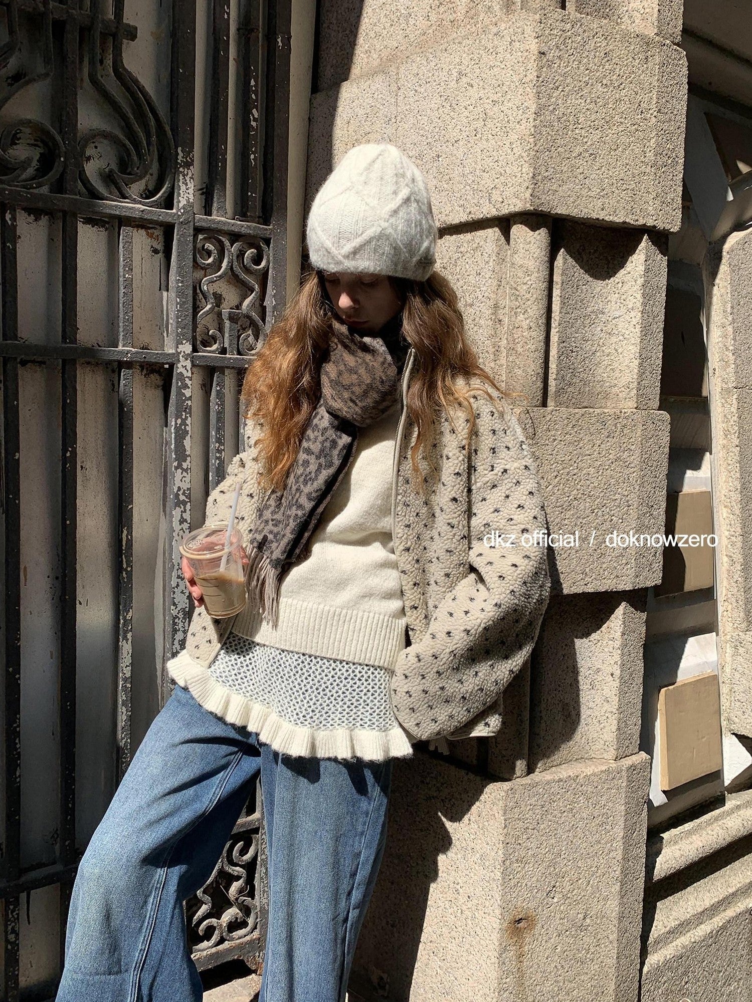DKZ OFFICIAL Sherpa Stand Collar Heart Print Double Zipper Women&