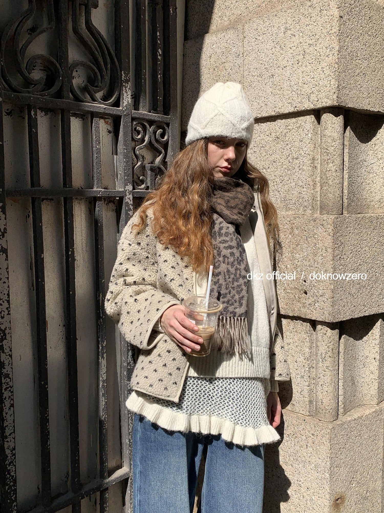 DKZ OFFICIAL Sherpa Stand Collar Heart Print Double Zipper Women&