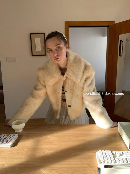 DKZ OFFICIAL Short Plush Collar Eco Faux Fur Jacket In Apricot