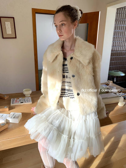 DKZ OFFICIAL Short Plush Collar Eco Faux Fur Jacket In Apricot