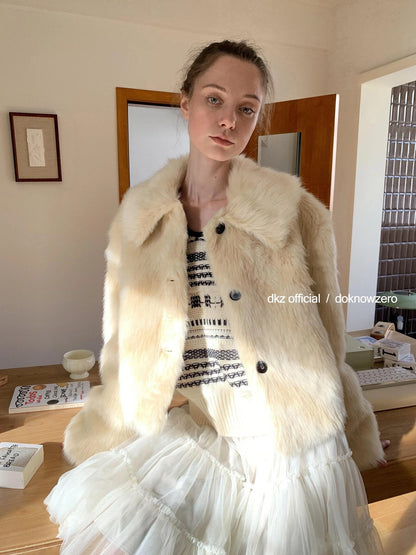 DKZ OFFICIAL Short Plush Collar Eco Faux Fur Jacket In Apricot