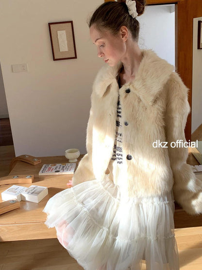 DKZ OFFICIAL Short Plush Collar Eco Faux Fur Jacket In Apricot