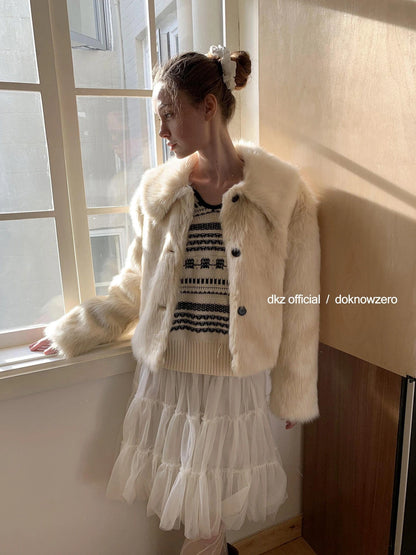 DKZ OFFICIAL Short Plush Collar Eco Faux Fur Jacket In Apricot