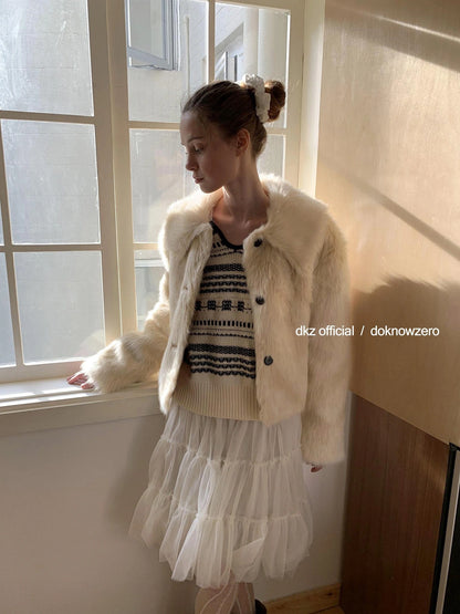 DKZ OFFICIAL Short Plush Collar Eco Faux Fur Jacket In Apricot