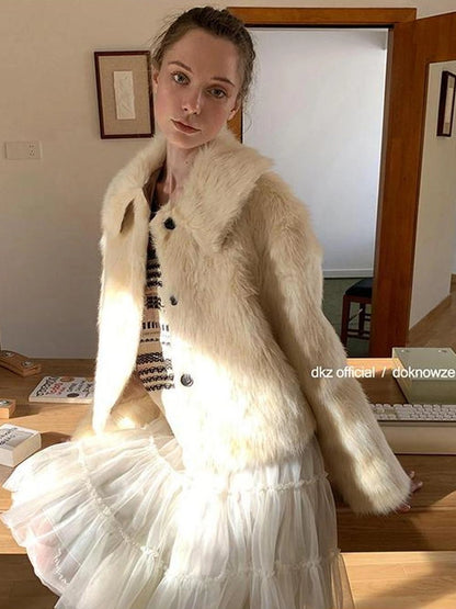 DKZ OFFICIAL Short Plush Collar Eco Faux Fur Jacket In Apricot