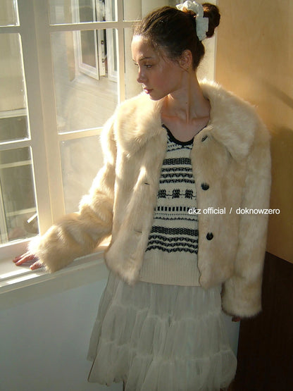 DKZ OFFICIAL Short Plush Collar Eco Faux Fur Jacket In Apricot