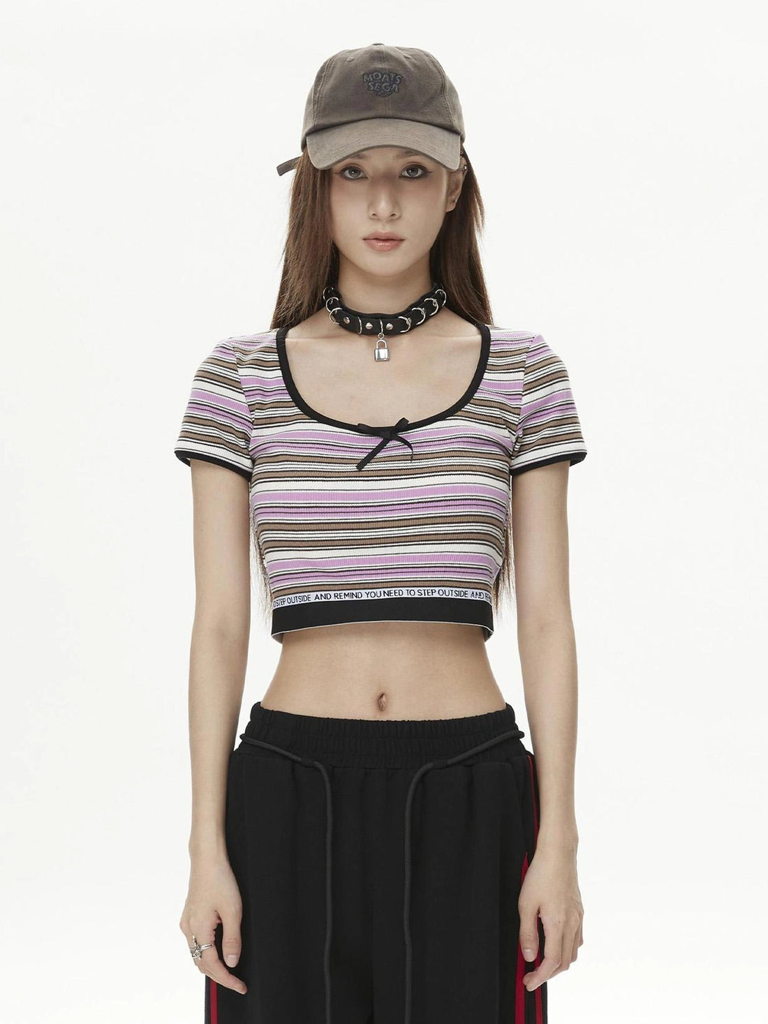 DKZ OFFICIAL Short Sleeve Square Neck Striped Tee With Bow