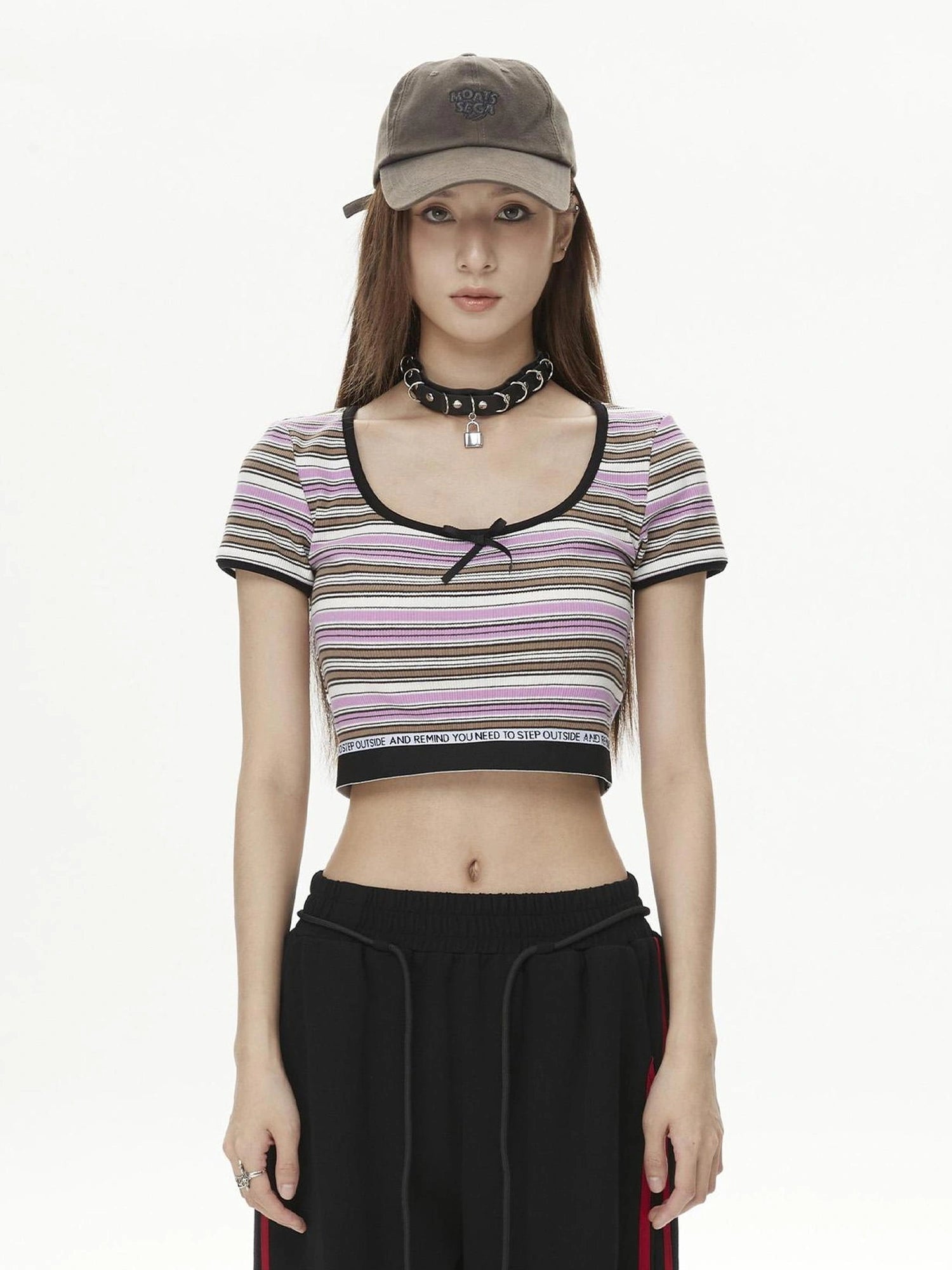 DKZ OFFICIAL Short Sleeve Square Neck Striped Tee With Bow