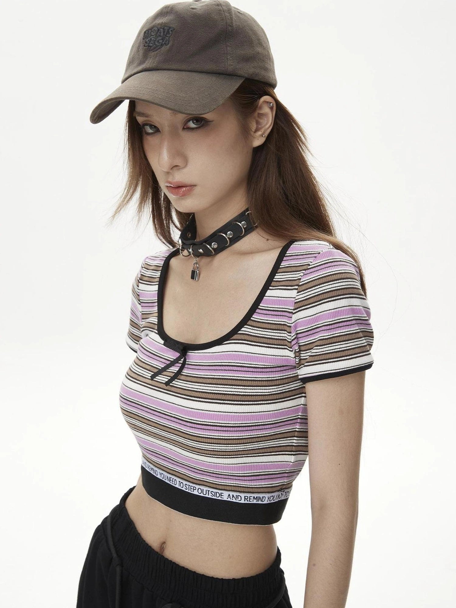 DKZ OFFICIAL Short Sleeve Square Neck Striped Tee With Bow