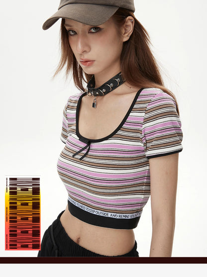 DKZ OFFICIAL Short Sleeve Square Neck Striped Tee With Bow