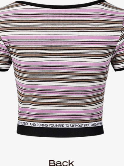 DKZ OFFICIAL Short Sleeve Square Neck Striped Tee With Bow