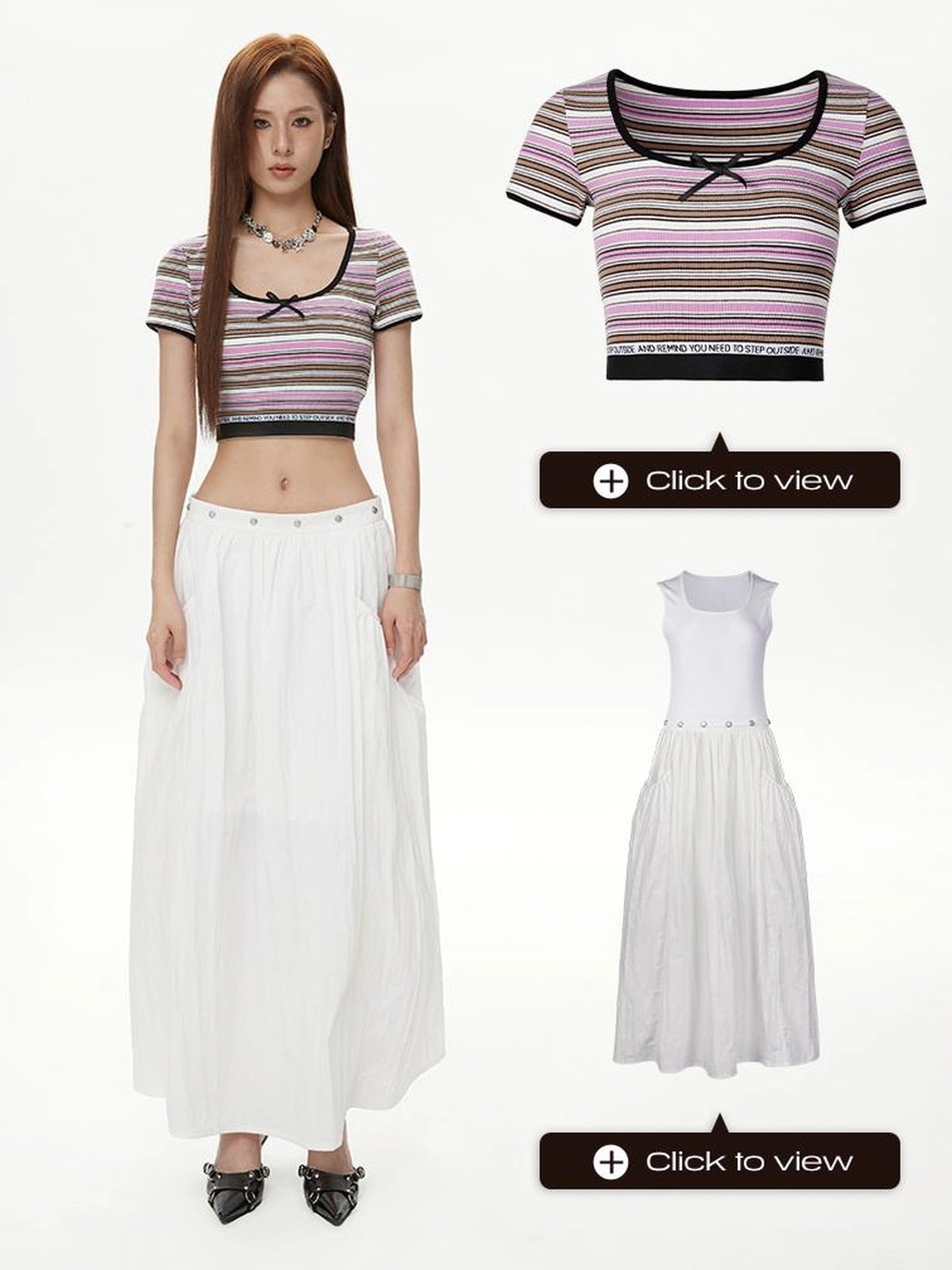 DKZ OFFICIAL Short Sleeve Square Neck Striped Tee With Bow