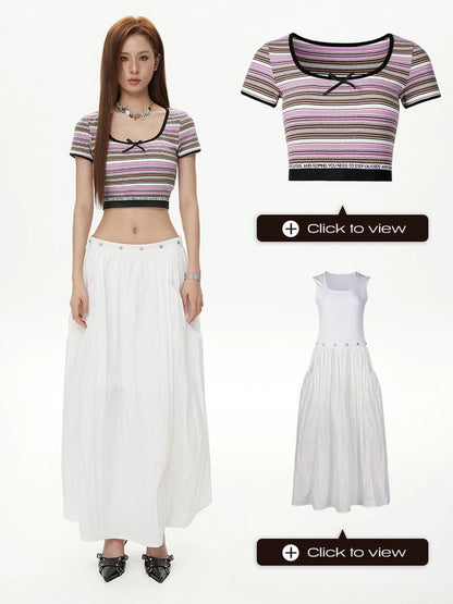 DKZ OFFICIAL Short Sleeve Square Neck Striped Tee With Bow