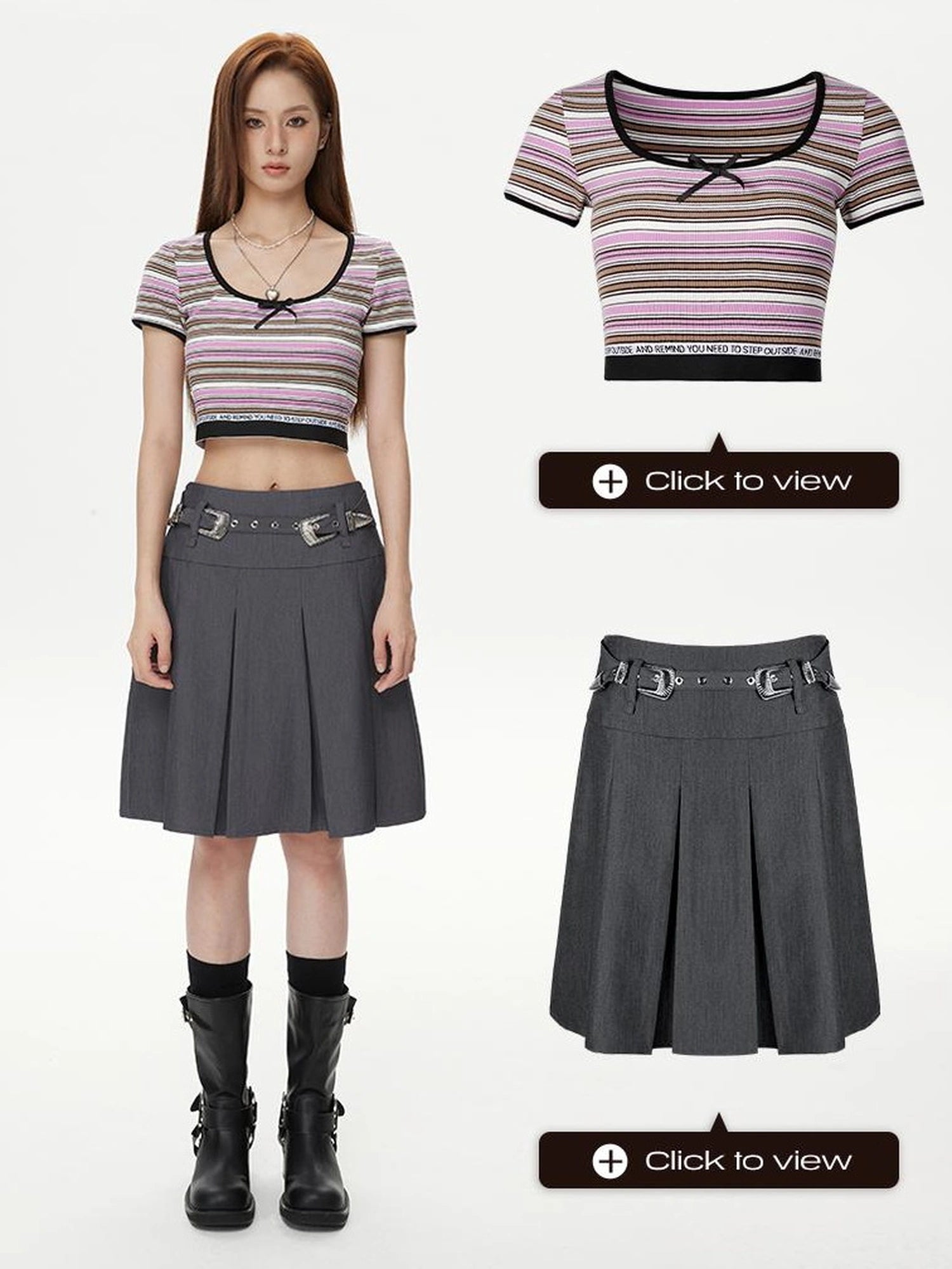 DKZ OFFICIAL Short Sleeve Square Neck Striped Tee With Bow