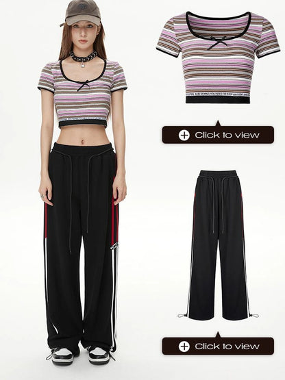 DKZ OFFICIAL Short Sleeve Square Neck Striped Tee With Bow