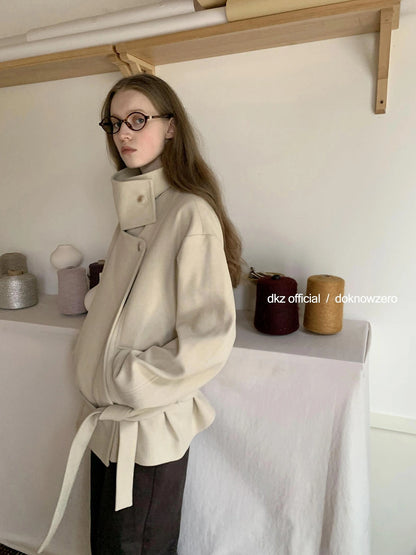 DKZ OFFICIAL Short Wool Blend Trench Coat With Stand Collar
