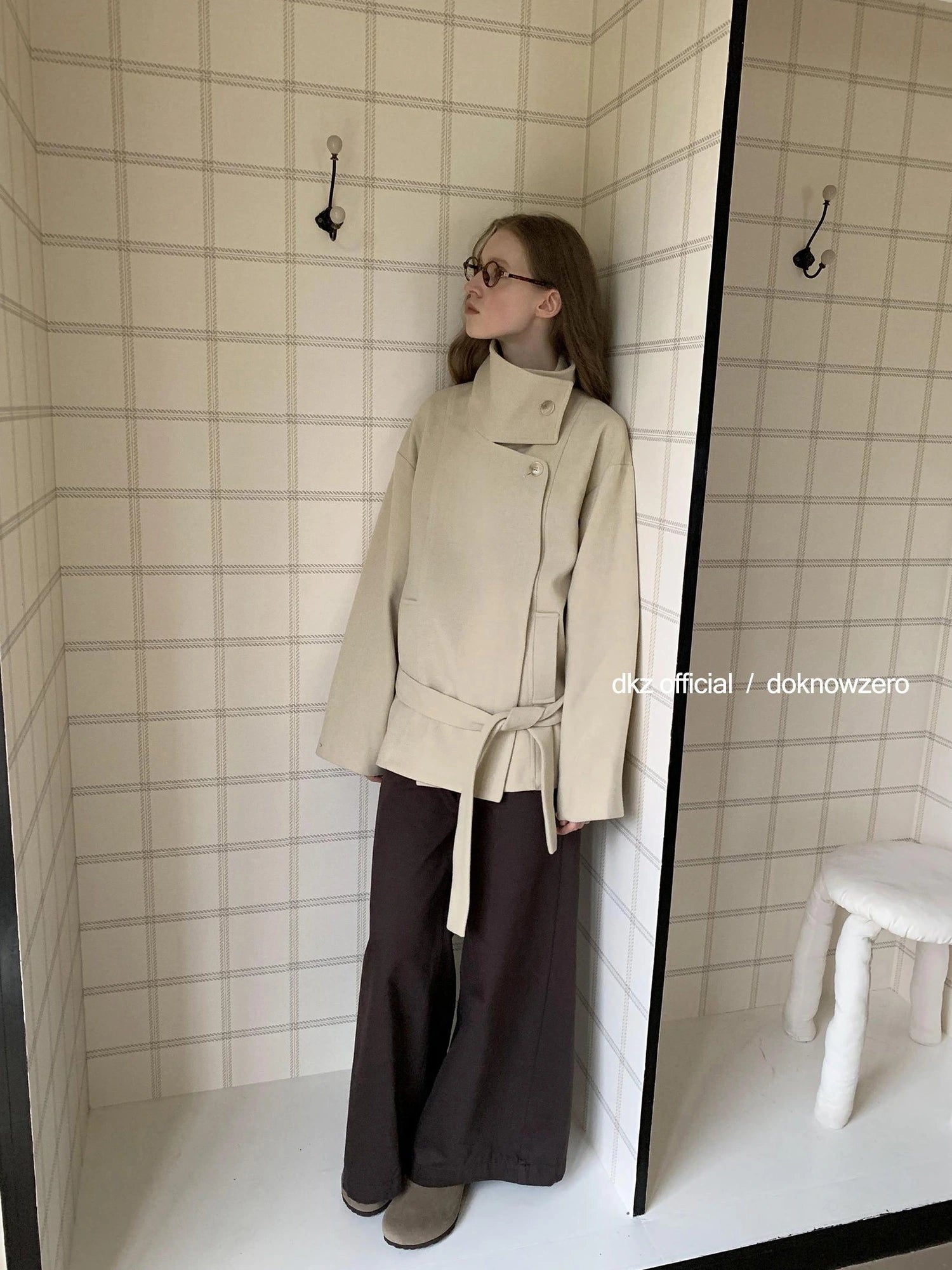 DKZ OFFICIAL Short Wool Blend Trench Coat With Stand Collar