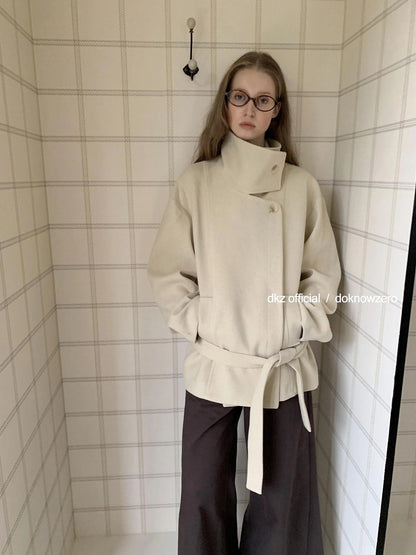DKZ OFFICIAL Short Wool Blend Trench Coat With Stand Collar