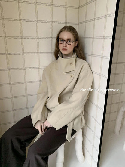 DKZ OFFICIAL Short Wool Blend Trench Coat With Stand Collar