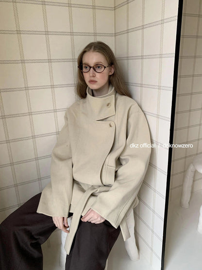 DKZ OFFICIAL Short Wool Blend Trench Coat With Stand Collar