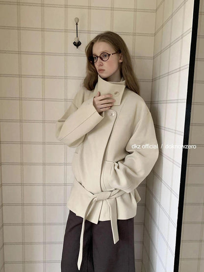 DKZ OFFICIAL Short Wool Blend Trench Coat With Stand Collar