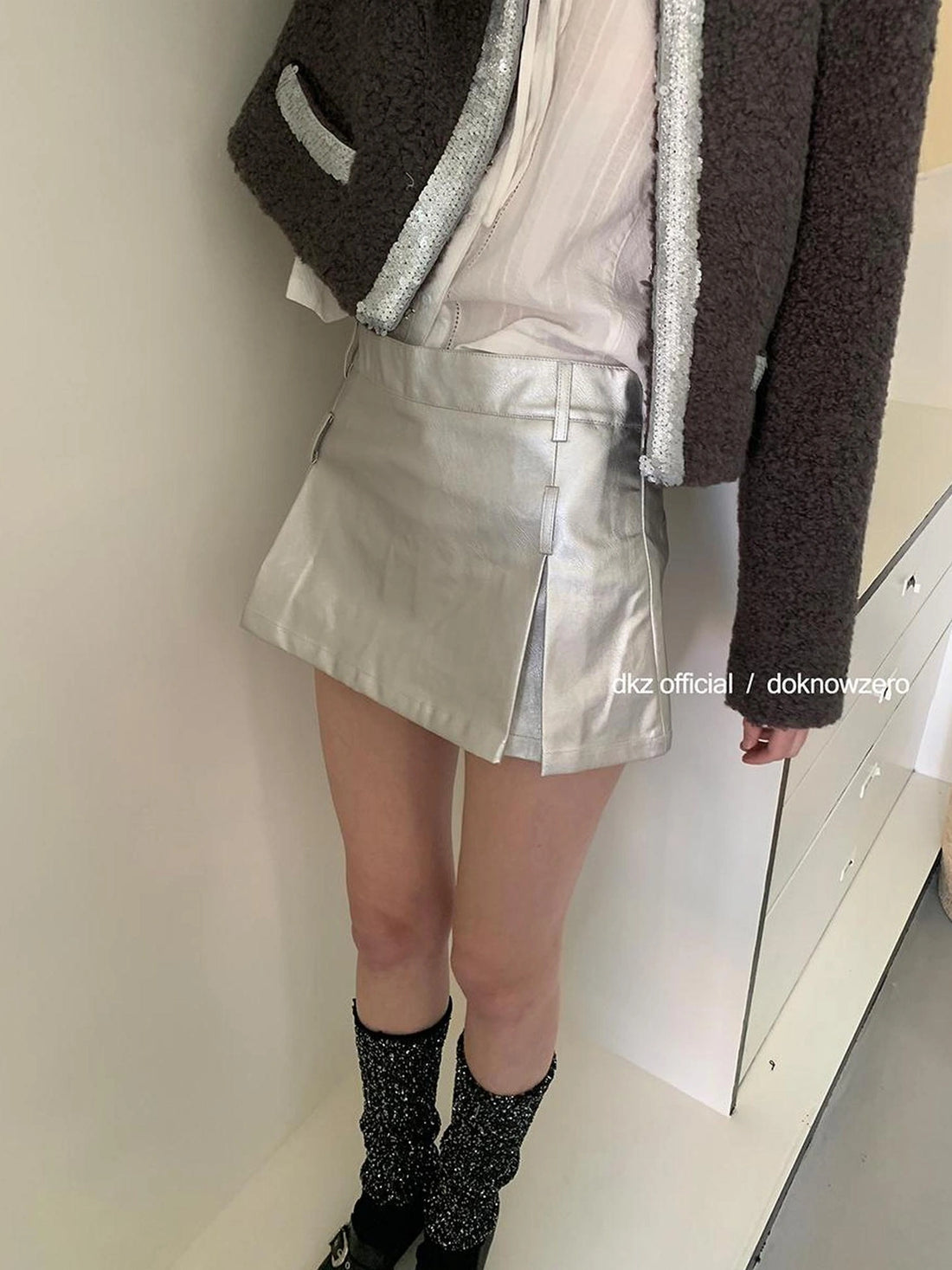 DKZ OFFICIAL Silver Gray Low Waist A Line Mini Skirt With Metallic Coating