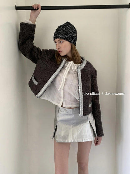 DKZ OFFICIAL Silver Gray Low Waist A Line Mini Skirt With Metallic Coating