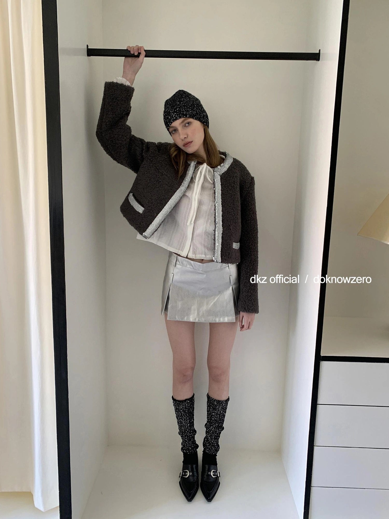 DKZ OFFICIAL Silver Gray Low Waist A Line Mini Skirt With Metallic Coating