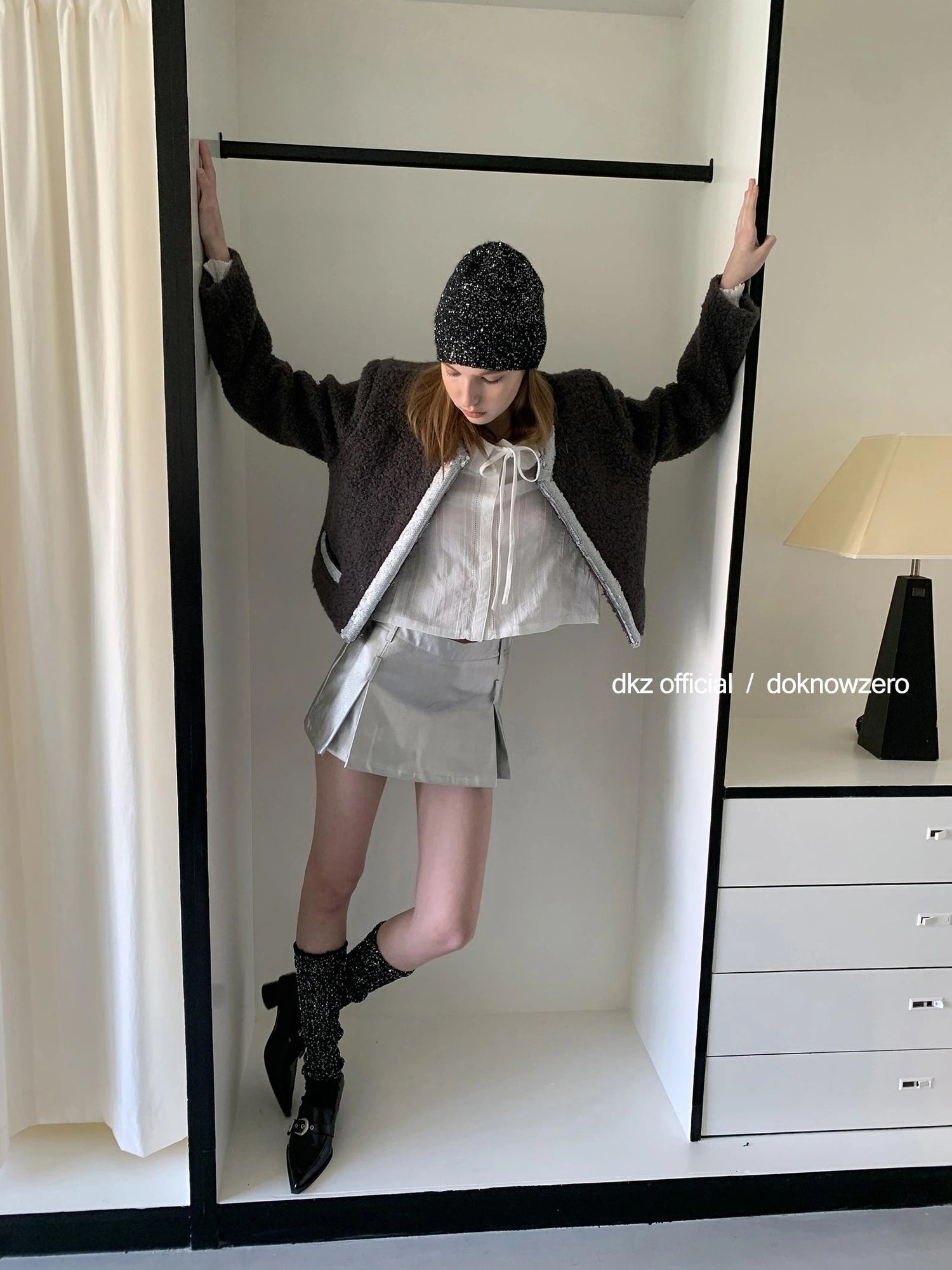 DKZ OFFICIAL Silver Gray Low Waist A Line Mini Skirt With Metallic Coating