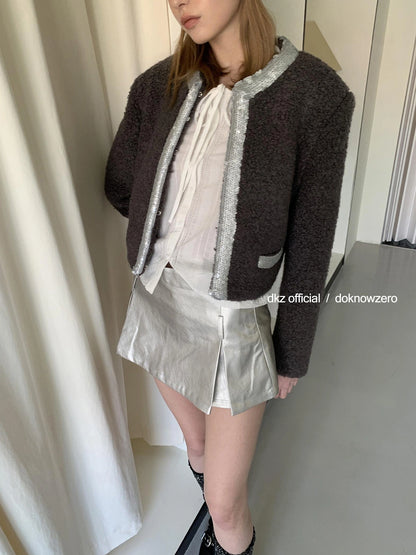 DKZ OFFICIAL Silver Gray Low Waist A Line Mini Skirt With Metallic Coating