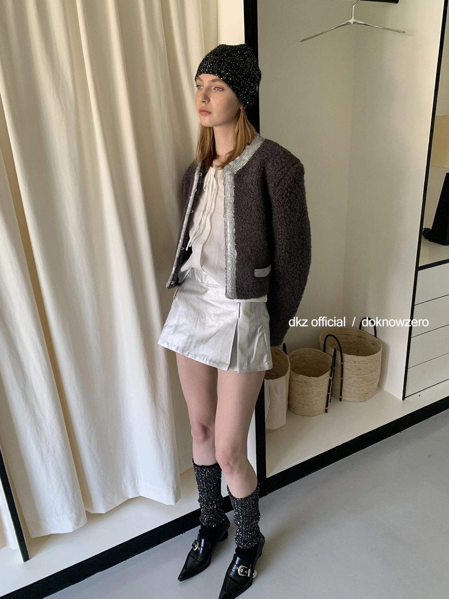 DKZ OFFICIAL Silver Gray Low Waist A Line Mini Skirt With Metallic Coating