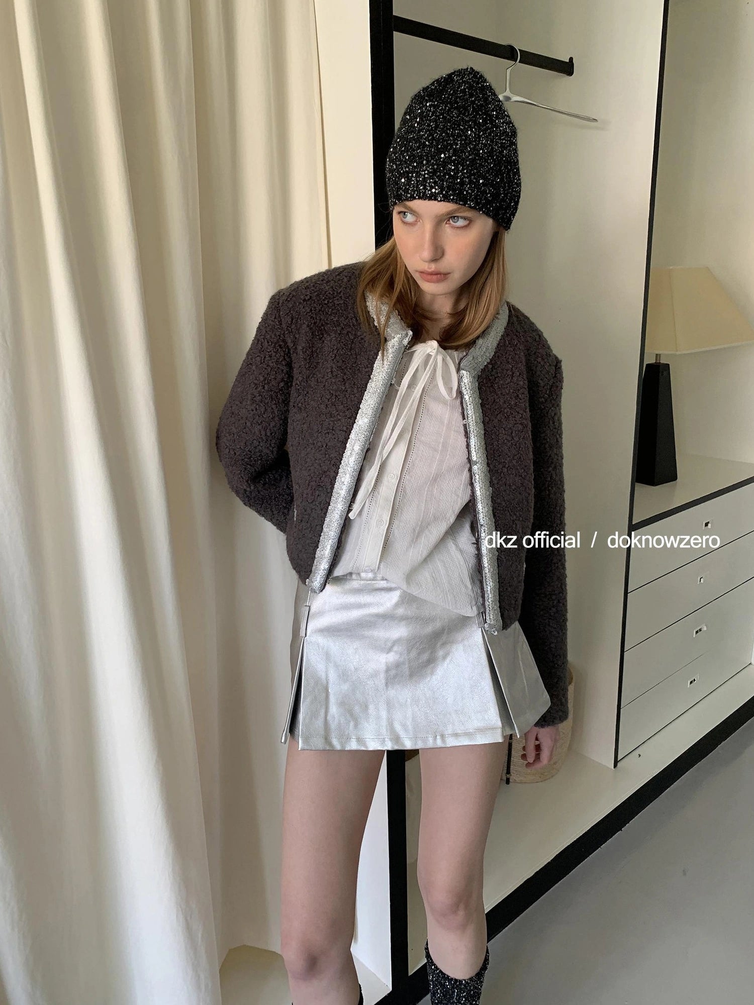 DKZ OFFICIAL Silver Gray Low Waist A Line Mini Skirt With Metallic Coating