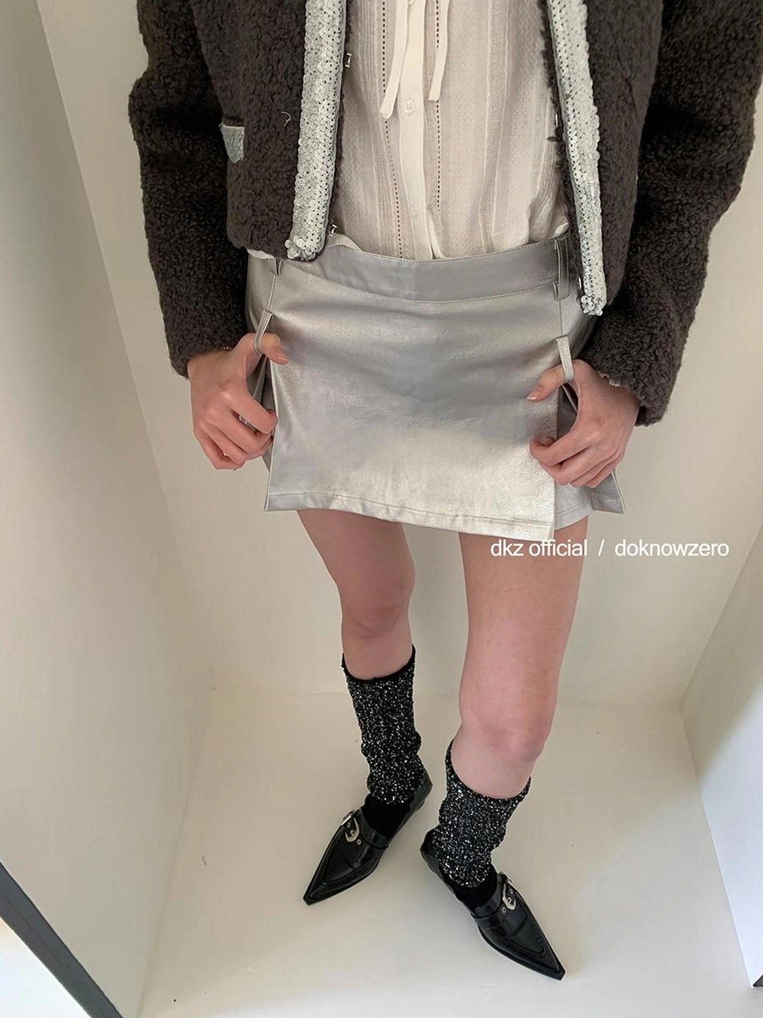 DKZ OFFICIAL Silver Gray Low Waist A Line Mini Skirt With Metallic Coating