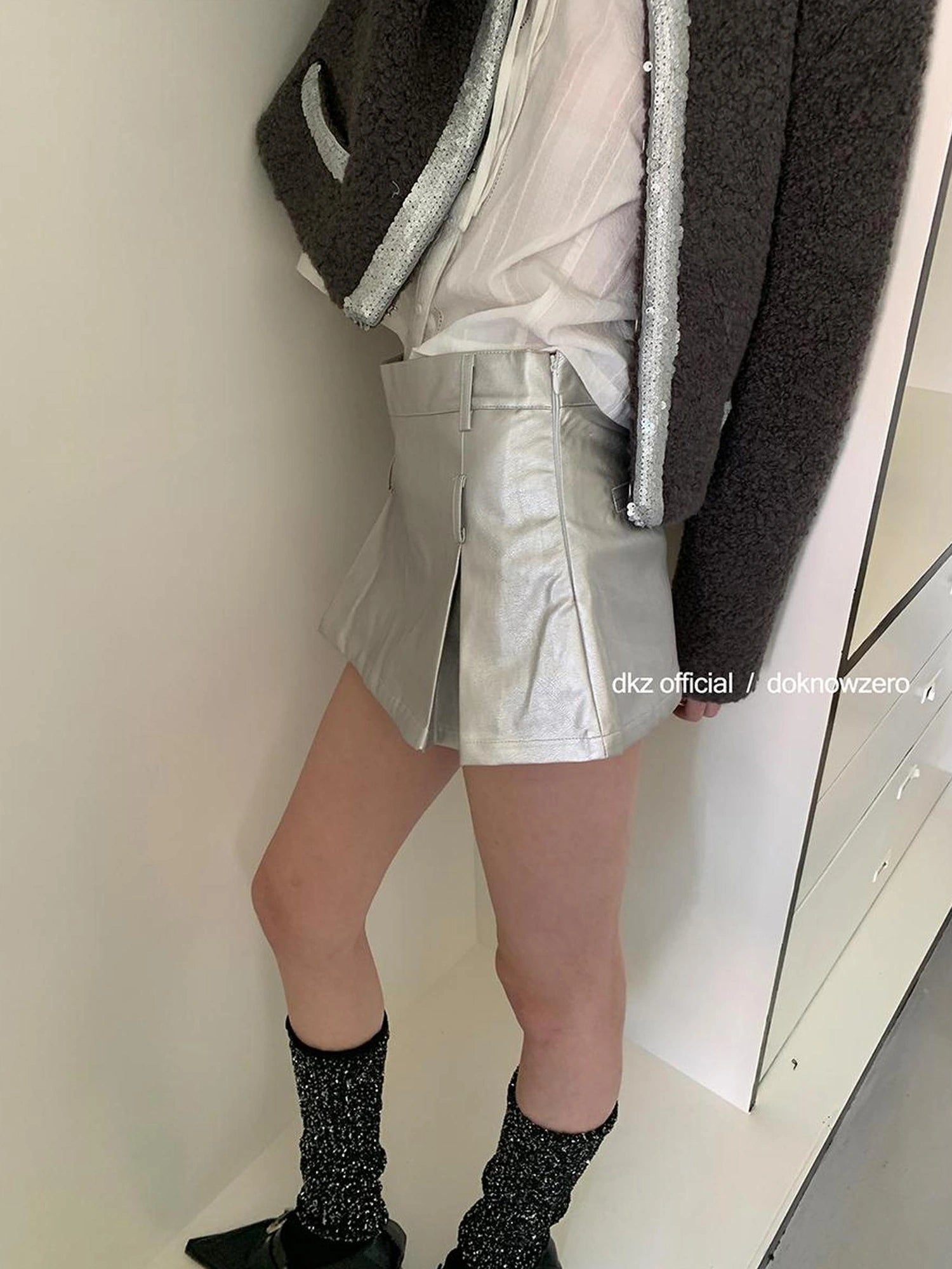 DKZ OFFICIAL Silver Gray Low Waist A Line Mini Skirt With Metallic Coating