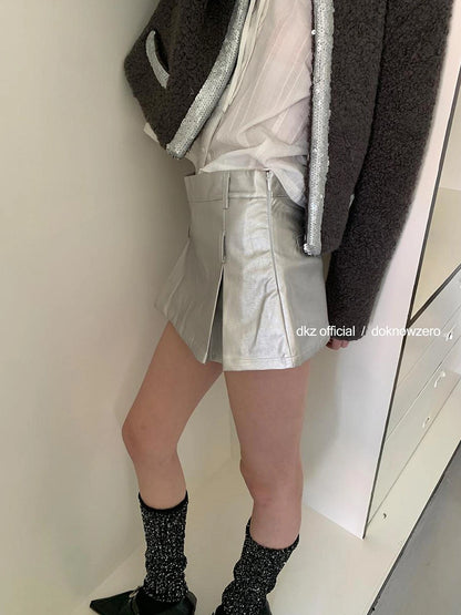 DKZ OFFICIAL Silver Gray Low Waist A Line Mini Skirt With Metallic Coating
