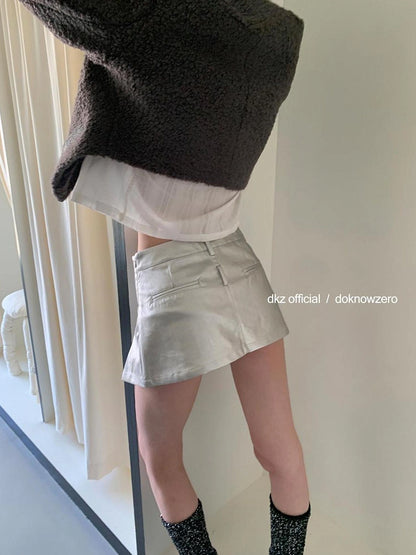 DKZ OFFICIAL Silver Gray Low Waist A Line Mini Skirt With Metallic Coating