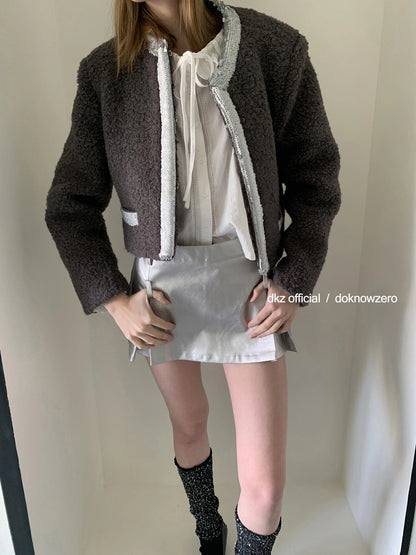 DKZ OFFICIAL Silver Gray Low Waist A Line Mini Skirt With Metallic Coating